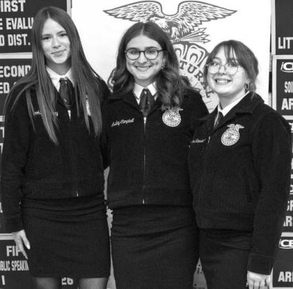 Littlefield FFA Wildlife competitors, Brooklynne Story, Avaley Campbell and Taylor Campbell, receive recognition at the Littlefield FFA banquet on May 18, 2026. (Photo by Madison Vidales)