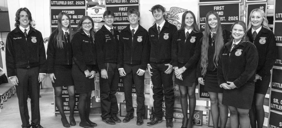 Littlefield FFA Events competitors Boston Halton, Brooklynne Story, Avaley Campbell, Ty Carr, Craig Jennings, Ky Hays, Piper Carr, Maggie McNeese, Brenna Lowe and Kat Hill, receive recognition at the Littlefield FFA banquet on May 18, 2026. Tyler Classen presents Ray Vargas with an Honorary FFA Degree at the Littlefield FFA banquet on May 18, 2026. (Photo by Madison Vidales)