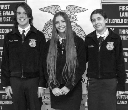 Littlefield FFA Homesite competitors, Boston Halton, Maggie McNeese and Tayte Miller, receive recognition at the Littlefield FFA banquet on May 18, 2026. (Photo by Madison Vidales)