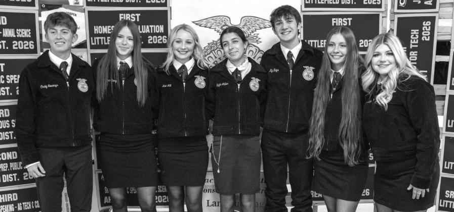 Littlefield FFA Sr Quiz team, Craig Jennings, Brooklynne Story, Katharina Hill, Tayte Miller, Ky Hays, Maggie McNeese and Alexaundrea Dalton, receive recognition at the Littlefield FFA banquet on May 18, 2026. (Photo by Madison Vidales)