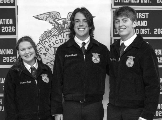 Littlefield FFA Farm Business Management team, Brenna Lowe, Boston Halton and Craig Jennings, receive recognition at the Littlefield FFA banquet on May 18, 2026. (Photo by Madison Vidales)