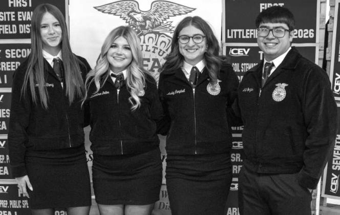 Littlefield FFA Cotton team, Avaley Campbell, Ally Dalton, Brooklynne Story and JJ Gonzalez, receive recognition at the Littlefield FFA banquet on May 18, 2026. (Photo by Madison Vidales)