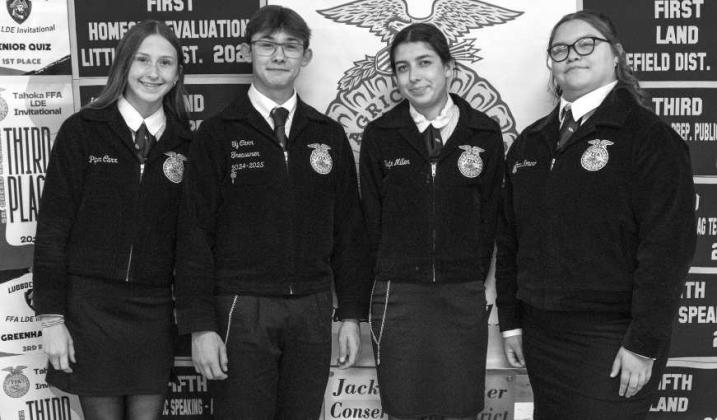 Littlefield FFA Livestock team, Piper and Ty Carr, Tayte Miller and Emma Romero, receive recognition at the Littlefield FFA banquet on May 18, 2026. (Photo by Madison Vidales)