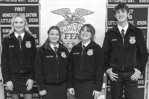 Littlefield FFA Horse competitors, Kat Hills, Brenna Lowe, Taylor Campbell and Ky Hays, receive recognition at the Littlefield FFA banquet on May 18, 2026. (Photo by Madison Vidales)