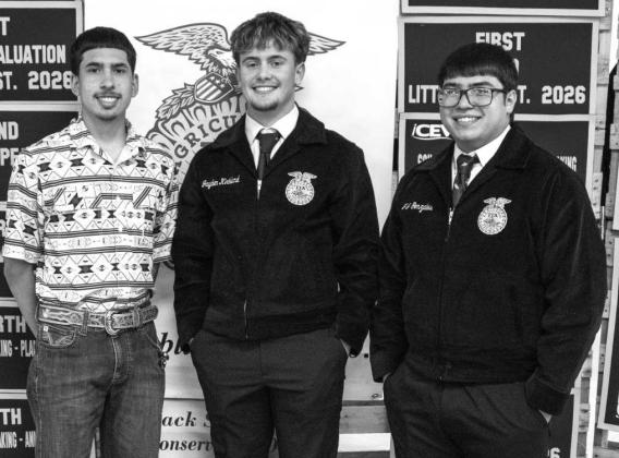 Littlefield FFA Tractor Tech team, Manny Garcia, Jayden Kirkland and JJ Gonzalez, receive recognition at the Littlefield FFA banquet on May 18, 2026. (Photo by Madison Vidales)