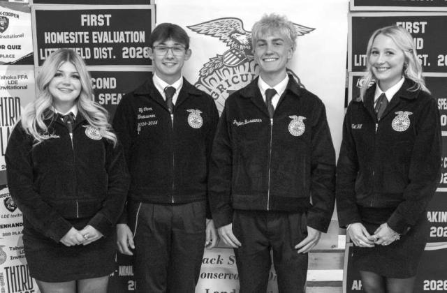 Littlefield FFA Land team, Ally Dalton, Ty Carr, Payton Bussanmas and Kat Hill, receive recognition at the Littlefield FFA banquet on May 18, 2026. (Photo by Madison Vidales)
