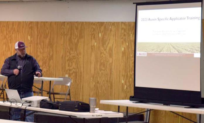 Farm Bureau Insurance hosted a training session to receive CEU units required by the Texas Department of Agriculture producers to be licensed to handle and spray agricultural chemicals. Kerry Siders of the Hockley County Extension Agrilife Education presented the program on Integrated Pest Management at the Lamb County Ag Center on Thursday, February 9, 2023. (Photo byAnn Reagan)