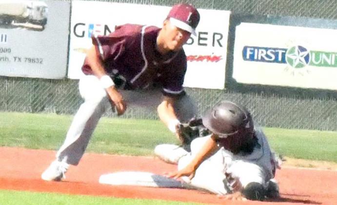 NOT ON MY WATCH – Littlefield catcher Davin Saldana (not pictured) fires a throw down to second to shortstop, Jordan Trevino (16), who slaps a tag on Abernathy’s Kaeleb Carrillo, who was trying to steal second during the bottom of the third inning of the Wildcats, 11-3, Class 3A Area play-off victory over the Antelopes on Friday at Lubbock-Cooper. (Staff Photo by Derek Lopez)