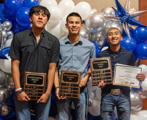 2023-2024 OLTON BOY’S BASKETBALL AWARDS - Mustang Basketball Offensive MVP, Nathan Urbina; Mustang Basketball Defensive MVP, Jimmy Munoz; Mustang Basketball Fighting Heart Award and Academic All-State 1st Team, Adrian Reyna. (Photo Courtesy of Dusty Gorman)
