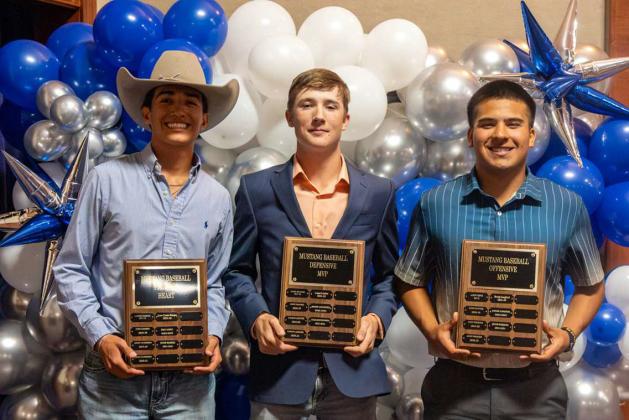 2023-2024 OLTON BASEBALLAWARDS - Mustang Baseball Fighting Heart Award, Eddie Ramirez; Mustang Baseball Defensive MVP, Cole Montgomery; Mustang Baseball Offensive MVP, Jacob Marquez. (Photo Courtesy of Dusty Gorman)
