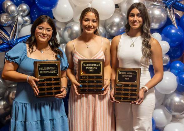 2023-2024 FILLIE SOFTBALLAWARDS - Fillie Softball Fighting Heart Award, Rebekka Lopez; Fillie Softball Defensive MVP, Emma Acker; Fillie Softball Offensive MVP, Denise Alvarado. (Photo Courtesy of Dusty Gorman)