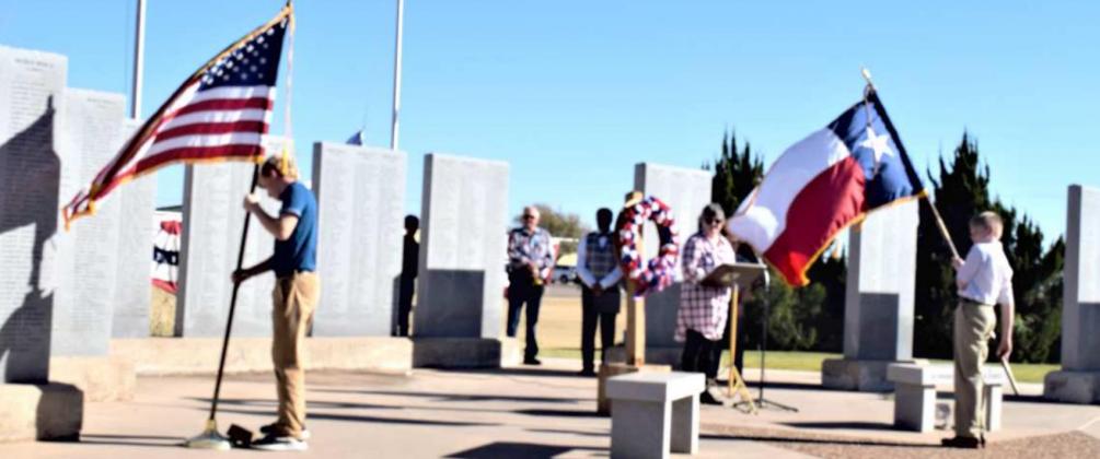 PRESENTATION OF THE COLORS by the Lamb County 4-H Club at the Lamb County Veterans Memorial Day Service on Sunday, Nov. 7. (Photo by Ann Reagan)