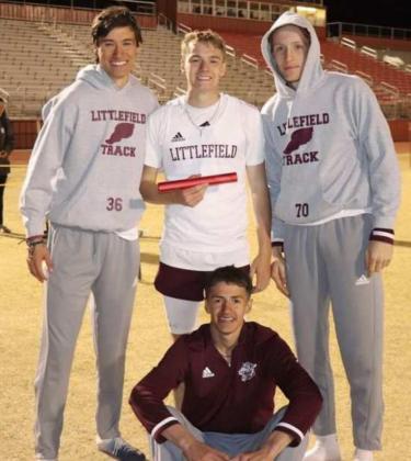 AREA QUALIFIER - The Littlefield boys’s varsity 4x400-meter relay team of Chip Green, Sam Hill, Ryan West and Omar Martinez brought home the gold on Wednesday, clocking a time of 3:27.98, qualifying them for the Area Meet next week in Denver City. (Submitted Photo)