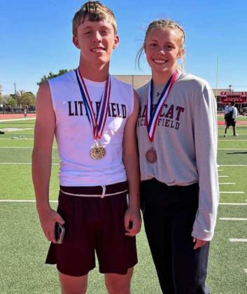 COMPETING HARD- Littlefield freshman, Major McNeese (left), took first place in the JV boy’s 100-meter dash with a time of 12.06, while helping the JV 4x400-meter relay team of McNeese, Mason Lemer, Jeremiah Trevino and Gabe Montalvo take first place with a time of 3:49.96. Madison McNeese (right), qualified for Area with the 4x400-meter relay team, as well as individually in High Jump, 100-meter hurdles and 300-meter hurdles. (Submitted Photo)