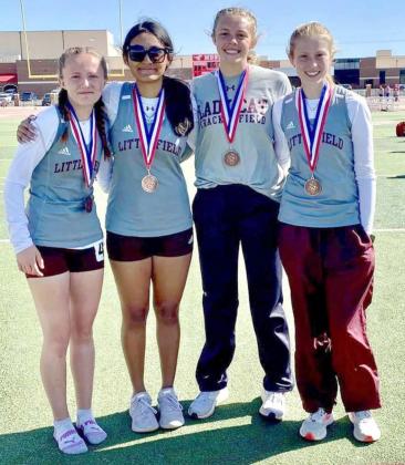 AREA QUALIFIER - The Littlefield girl’s varsity 4x400-meter relay team of Madison McNeese, Amiah Elizondo, Kamryn Meiwes and Lauren Turpen placed fourth with a time of 4:41.85, qualifying them for the Area Meet next week in Denver City. (Submitted Photo)