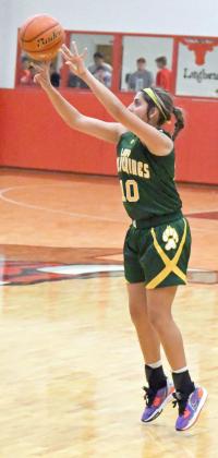 SHOOTING THE THREE - Springlake-Earth senior, Halee Toscano, fires up a three from the left elbow, during the second quarter of the Lady Wolverines’ season-opener at Lockney on Tuesday. (Staff Photo by Derek Lopez)
