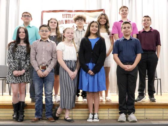 ELEVEN NEW MEMBERS were inducted into the Littlefield Junior Honor Society at Littlefield Junior High School. Shown on the front row, from left to right are, Bella Enloe, Ian Mata, Mylah Sanders, Kendall Vargas, and Jaden Winters. On the top row are, Dylan Adkins, Jayda Dewbre, Diego Silveira, Aubrie Torres, Eli Wilson, and Kaden Winters. (Photo credit Pam Bownds)