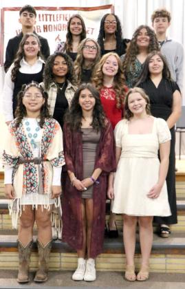CURRENT MEMBERS of the Littlefield Junior Honor Society were recognized in the induction ceremony. They include: front row, left to right, Anissa Gonzalez, Anali Jasso, and Brenna Lowe. On the second row are, London Taylor, Chanel Salinas, and Melany Marquez. On the third row are, Nayeli Mata, Miley Dewbre, and Ellinie Dabrowski. On the top row are, Jacob Fuentes, Adyleigh Rodriguez, Zalise Davis, and Kyzer Billingsley. (Photo credit Pam Bownds)