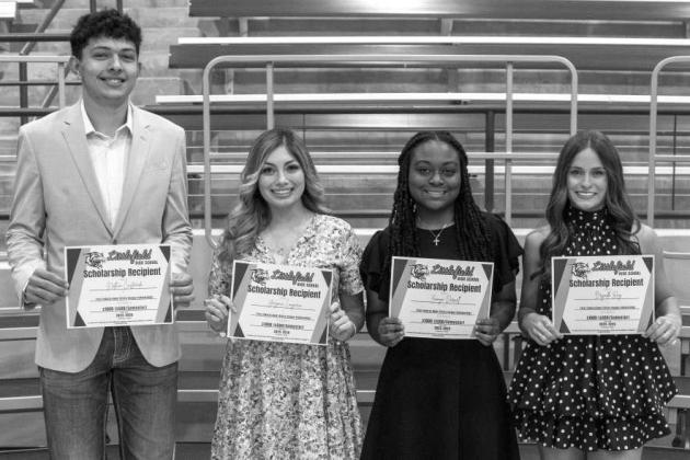 Nathan Castaneda, Yazmin Longoria, Zamya Darnell and Bryndle Ray receive a $1,000 scholarship from First Federal Bank at the Littlefield High School scholarship ceremony on May 19, 2026.
