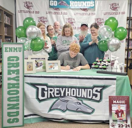 Littlefield senior, Sam Hill, signed his National Letter of Intent on Wednesday to continue his football and academic career at Eastern New Mexico University. Sam was joined by his family, as well as members of the varsity football team and cheer squad, during a small ceremony in the Littlefield High School Library, as he signed his LOI. (Staff Photo by Derek Lopez)