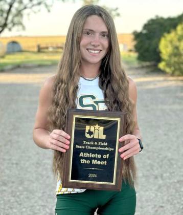 Shown is Springlake-Earth’s Taytum Goodman with her Athlete of the Meet Plaque from the 2024 UIL State Track Meet. She was also voted a TGCA Legacy All-Star for the 2024 track season. Goodman was also named the 1A Girl’s 2023-2024 Greater Texas Ford Dealers Female Athlete of the Year. (Submitted Photo)