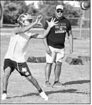 Springlake-Earth’s wide receivers work on their routes and catching passes, during the first week of two-a-days this past week. (Staff Photo by Derek Lopez)