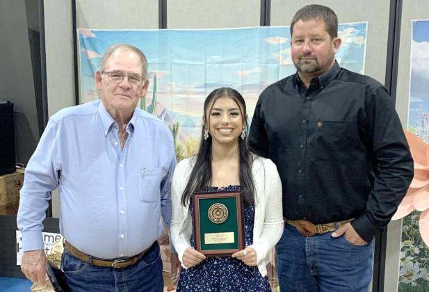 AABRIELLA VILLANUEVA -- Senior Division Area 1 Essay contest winner, placed 3rd. Her essay theme was “Home Is where the Habitat is”. She attends Springlake-Earth High School. Shown left to right: Roy Thompson- Lamb Co. SWCD Board member, Aabriella Villanueva, and Jason Spangler- Lamb Co. SWCD Board chairman. (Submitted Photo)