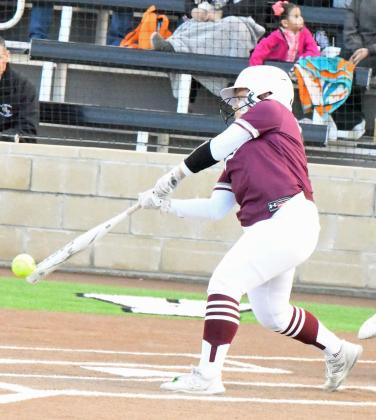 Littlefield junior, Natalia Sanchez, ripped a single into the left field corner, during the Lady Cats’, 11-8, road loss to Lamesa on Tuesday. (Staff Photo by Derek Lopez)
