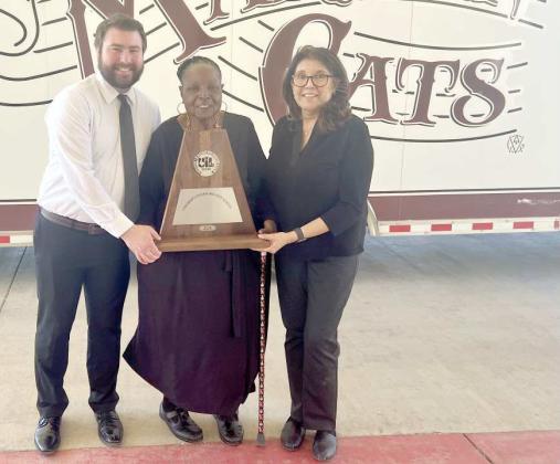 Littlefield’s band directors celebrate 35 years of Sweepstakes for the Littlefield Marchin’ Cats Band. (Shown L-R): Mr. Kreutler, Miss. Bonnie Anderson and Miss Muela. (Submitted Photo)