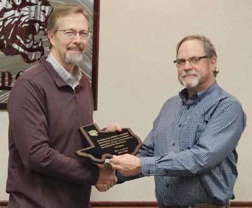 Littlefield ISD Board of Trustee member Pat Demel was honored with a plaque for his years of service during the LISD School Board meeting on Monday, Dec. 16th. Demel is retiring from the school board after serving 20+ years. This will be effective Dec. 31, 2024. (Staff Photo by Derek Lopez)