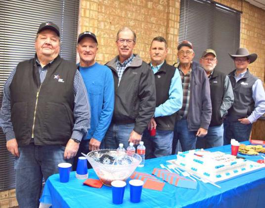 Directors of Farm Bureau Insurance left to right- Ricky Yantis, Steve Johnson, Keith Layton, Roland Smith, John Synatcatch, Freddie Maxwell, and Graham Henley are picture at the Retirement reception honoring Roland Smith Thursday, February 9, 2023. (Photo by Ann Reagan)