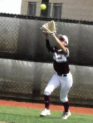 Littlefield’s Bryndle Ray caught a fly ball in center field, during the bottom of the second inning of game two of the Lady Cat’s Bi-district series last Saturday at Bushland. (Staff Photo by Derek Lopez)