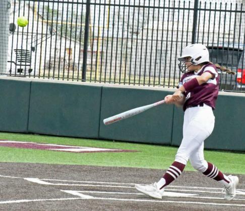 Littlefield’s Abby Rodriguez ripped a two-RBI double to left-center field on Saturday, as the Lady Cats run-ruled Dimmitt, 15-0, to take the season series, 2-0. (Staff Photo by Derek Lopez)