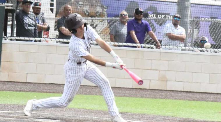 Littlefield’s Gabe Mata hit a sacrifice fly ball to center field, that allowed Bradyn Redman to tag-up and score, making the score, 5-3, in the bottom of the fifth inning of the Wildcat’s, 6-3, victory over Dimmitt on Saturday. (Staff Photo by Derek Lopez)