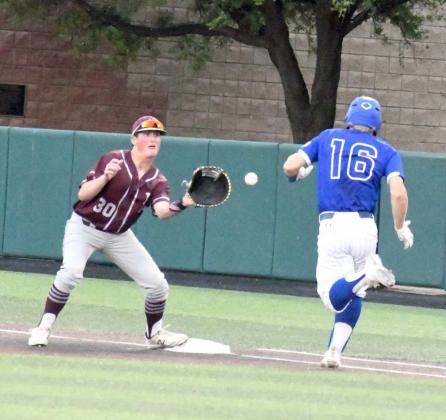 SECURING THE OUT – Littlefield first baseman, Gus McNabb, catches a thrown from Ethan Garcia for an out, during game one of the Wildcats’ Class 3A Regional Semi-Final Series with Brock on Thursday. (Staff Photo by Derek Lopez)