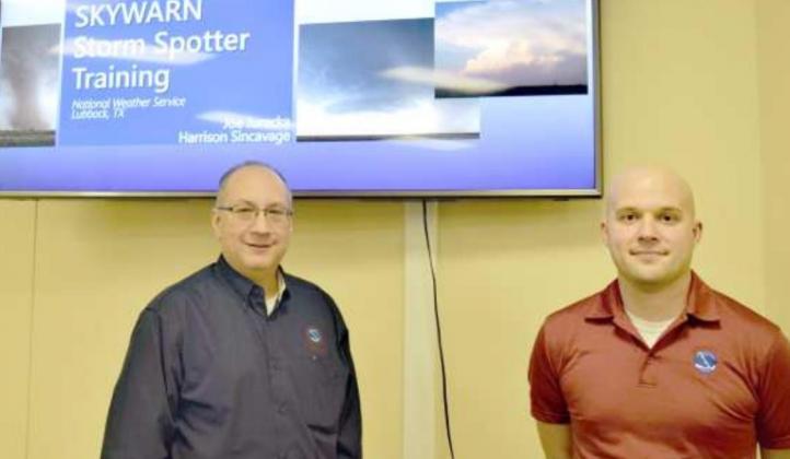 (L-R): Joe Jurecka and Nick Sincavage of the National Weather Service in Lubbock Texas. presented a training seminar for Storm Watchers on Monday, April 25, 2022. Storm Watchers with Lamb County volunteer Fire Departments attended. (Photo by Ann Reagan)
