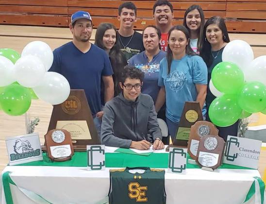 SIGNING DAY – Springlake-Earth senior, Josh Samaron, was surrounded by family and friends, as he signed his Letter of Intent to run cross country and continue his academic career at Clarendon College on Monday in the Gymnasium at Springlake-Earth High School. (Staff Photo by Derek Lopez)