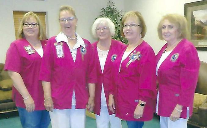 NEW OFFICERS for Lamb Healthcare Center’s Auxiliary were elected recently at a special meeting at Littlefield’s First Baptist Church. They are, left to right, Lori Durham, President; Edie Pene, Vice President; Kay Cloninger, Secretary; Janet Conkin, Corresponding Secretary; and Janice Sokora, Treasurer. The Auxiliary hopes to re-open its Gift Shop (near the front entrance to the hospital) as soon as it is safe for the members. (Photo courtesy LHC Auxiliary)