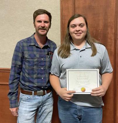 Trevor Spain-Lamb Co SWCD Board Director is shown with Elijah Perez-2nd place Scholarship Award Recipient $500 (Olton) at the OHS Award ceremony held at the Olton High School Auditorium on Monday, May 19, 2025 at 6 p.m. (Submitted Photo)