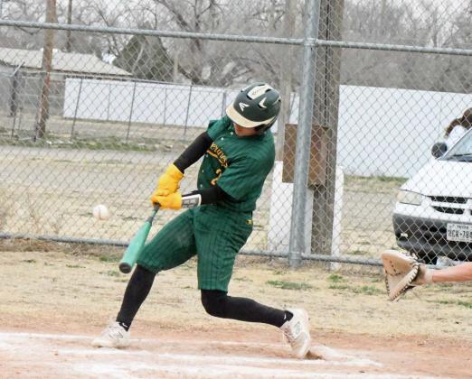Springlake-Earth’s Froylan Agundiz hits a shot to second and beats it out for an infieild single, during the home-half of the first inning of the Wolverine’s game against Post on Thursday, during the Lamb County Classic. (Staff Photo by Derek Lopez)