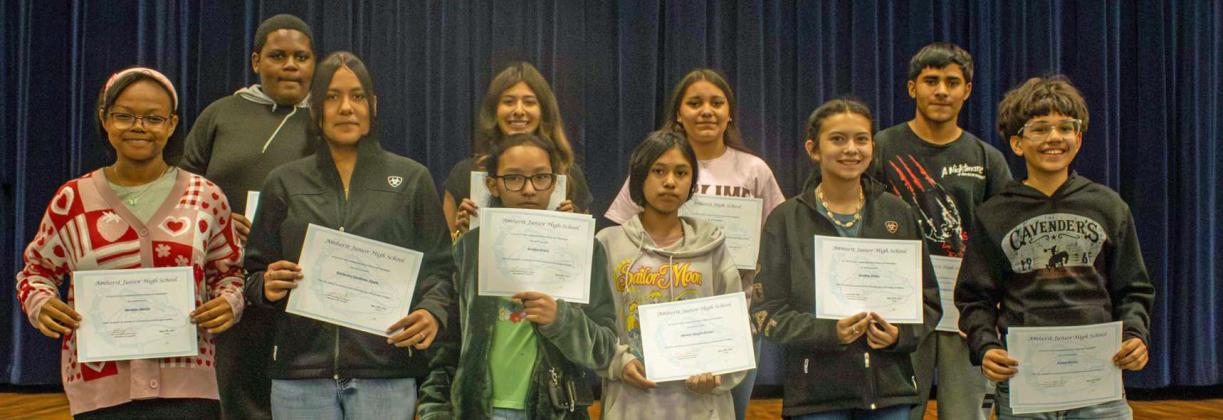 Mr Christian’s JH/ 9th Grade Awards - (Top row L-R): Dakarai Lee, Nathalie Medrano, Mireya Muniz and Alejandro Garcia Leal. (Bottom row L-R): Melanie Martin, Kimberley Cardenas Sigala, Kendra Reyna, Briseyda Vargas Zuniga, Jasmine Drake and Adryel Muniz.