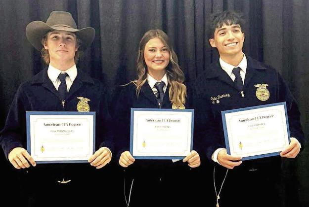 Olton FFA students Cole Montgomery, Payge Davina and Eddie Ramirez received the American FFA Degree at the 98th National FFA Convention. (Submitted Photo)