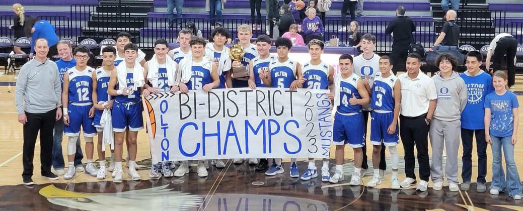 2023 CLASS 2A BI-DISTRICT CHAMPIONS - The Olton Mustangs’ varsity basketball team took downVega on Tuesday, 67-51, at Canyon High Shool to claim the 2A Bidistrict championship. The Mustangs battled Gruver on Friday night at Amarillo High School. Results were not available at press time. (Submitted Photo)