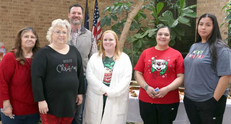 Lamb Healthcare Center recognized these employees for their years of service at the annual Holiday luncheon on Friday, December 20, 2024. left to right- Candace Dalton- 30 years, Amy Rojas- 20years, Mike McNutt- Hospital Administrator, Tiffany Lynskey- 5 years, Carolina Mugua- 5 years, and Ashley Amalla- 5 years. Unavailable for photo: Becke Treas- 10years and Joe Rangel- employee of the year. (Photo by Ann Reagan)