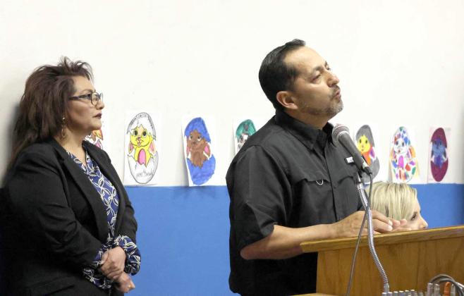 Amherst City Secretary, Rosa Angel, and Public Works Director, Richard Salazar report on Grant projects sought and awarded through the combined efforts of the cities of Amherst and Sudan on Tuesday, March 26, 2024. (Photo by Ann Reagan)