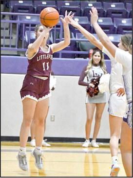 Littlefield junior, Marysa Saenz (11), puts up a jumper from the right wing, during the Lady Cats’, 54-25, victory over the Bobbies on the road in Dimmitt on Friday. (Staff Photo by Derek Lopez)
