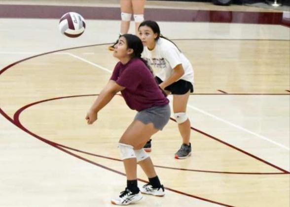 GETTING UNDER THE BALL – Littlefield’s Julie Rodriguez, gets under a ball as they look to set up an offensive play, during the Littlefield Lady Cats’ first day of two-a-day practices on Monday at Wildcat Gym. (Staff Photo by Derek Lopez)
