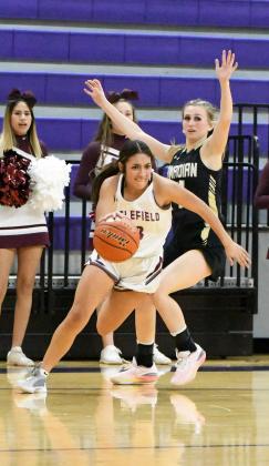 Littlefield senior, Arianna Cruz, gets around a Canadian defender as she looks to drive the baseline for a shot attempt, during the second half of the Lady Cats’Area round loss to Canadian on Friday at Canyon High School. (Staff Photo by Derek Lopez)