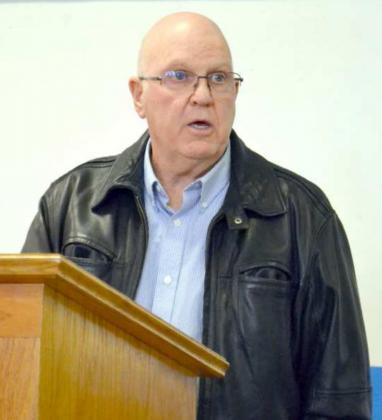 KENNETH WINCHESTER delivering his “first sermon” to the Tuesday night audience at the “Wild About Amherst” Chamber of Commerce’s 40th Banquet. His “mixed-up” Bible people doing “mixed-up” things that were supposed to have been in the Bible, drew heavy laughter throughout his presentation of how he preached his first sermon many years ago to a church, that was considering a new pastor. (Staff Photo by Joella Lovvorn)