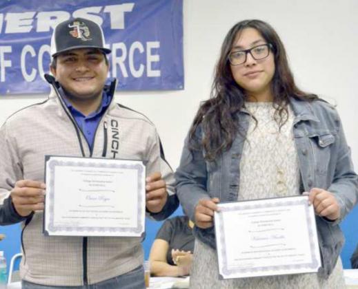 AMHERST SENIOR SCHOLARSHIPS –These two Amherst Senior students were awarded $1,000 scholarships Tuesday night, at the 40th annual Chamber of Commerce’s “Wild About Amherst” Banquet. Maria Gonzalez, Chamber president, introduced Omar Reyes and Katarina Amalla as the award winners. (Staff Photo by Joella Lovvorn)